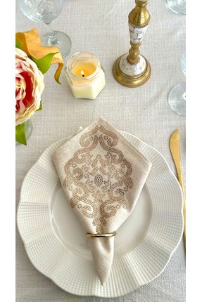 desicap 6’lı Altın Saray Desenli Keten Peçete Seti – 34x34 cm Dekoratif Davet...