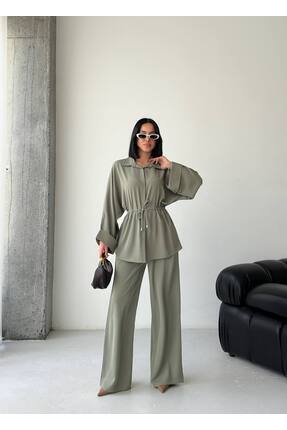 DEMORA Official Belden Bağlamalı Oversize Gömlek Bol Paça Pantolon İkili Takım