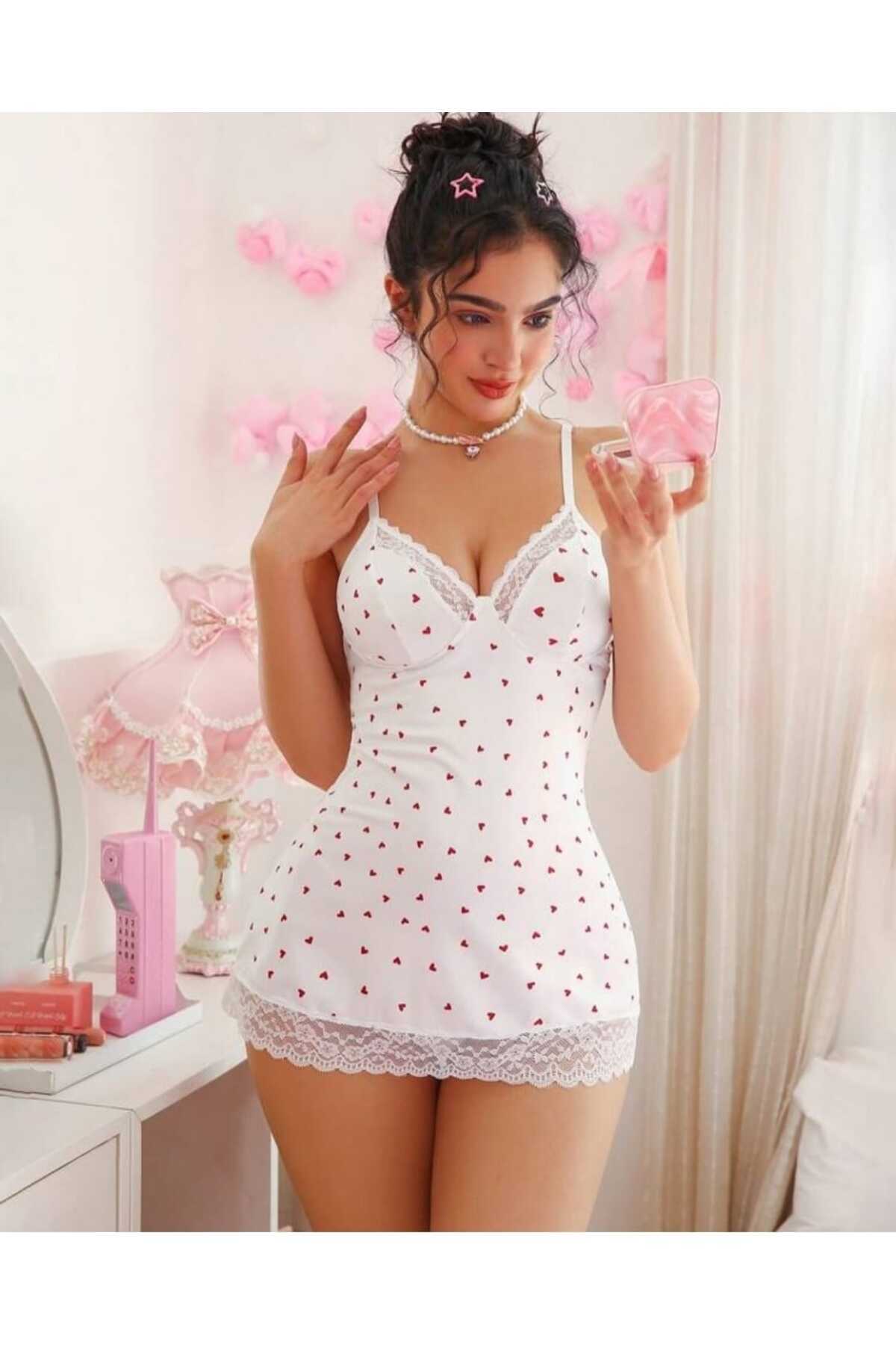 dafri Romantik Kalp Baskılı İnce Askılı Dantelli Mini Gecelik - Beyaz görsel 3