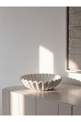 TAŞ ART Dekoratif Beyaz Pileli Kase - Doğal Dokulu Modern Sunumluk Obje - Ort...