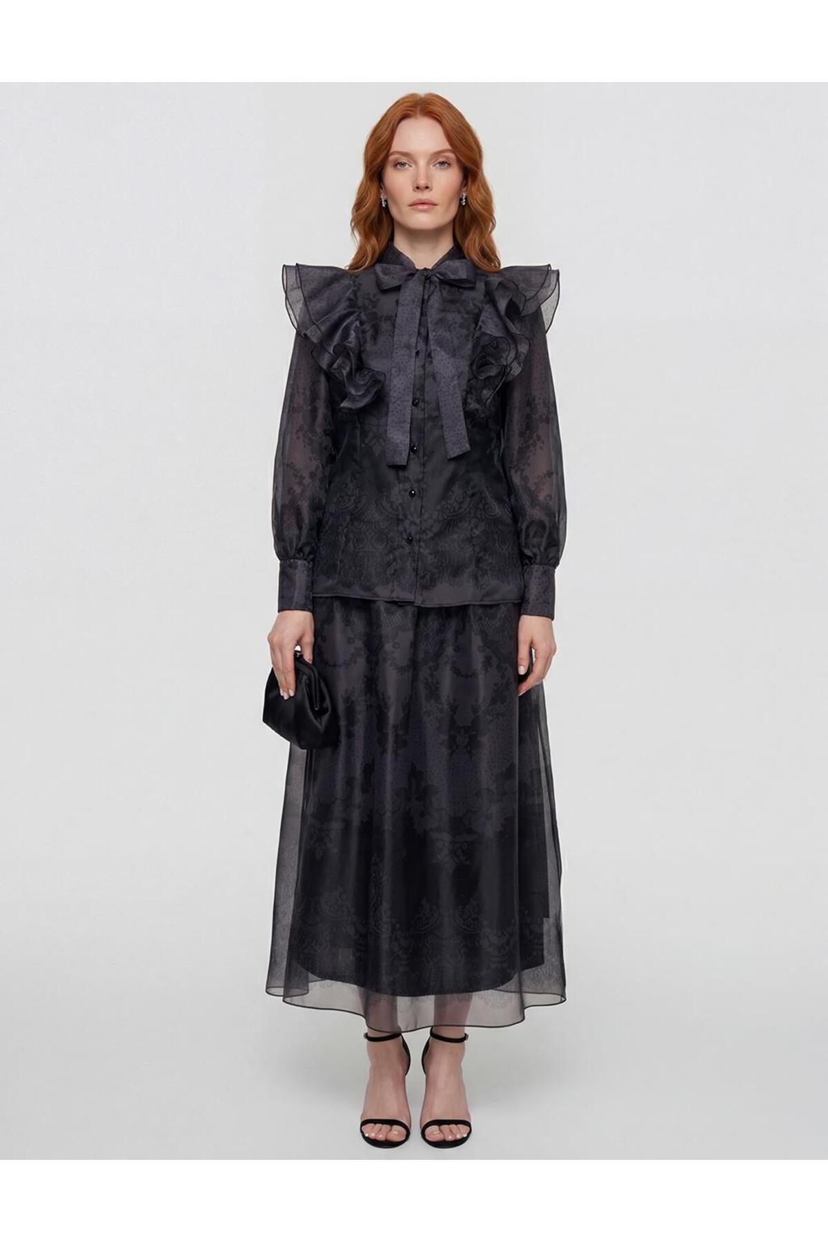 Kayra Shawl Collar Organza Set Black