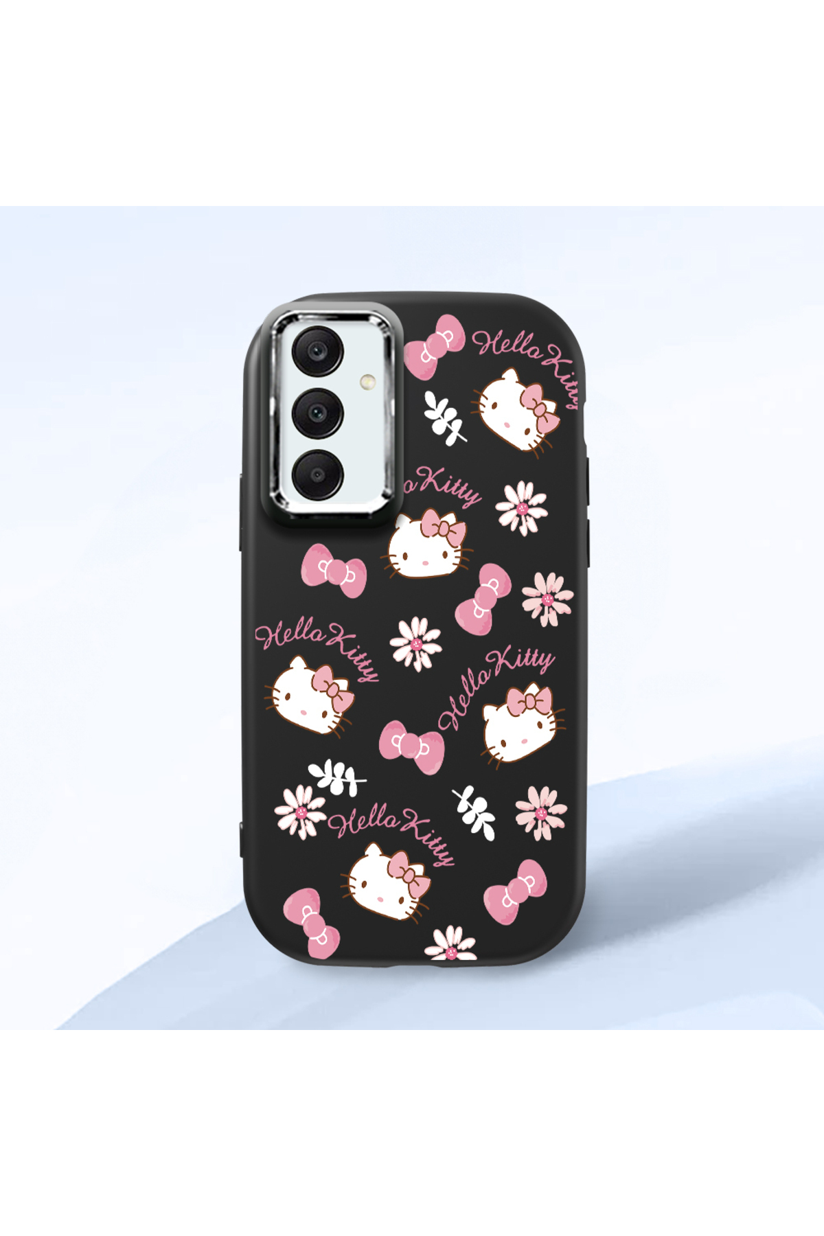 Black Soft Silicone Phone Case with Camera Protection for Samsung Galaxy A25 Hello Kitty Pattern
