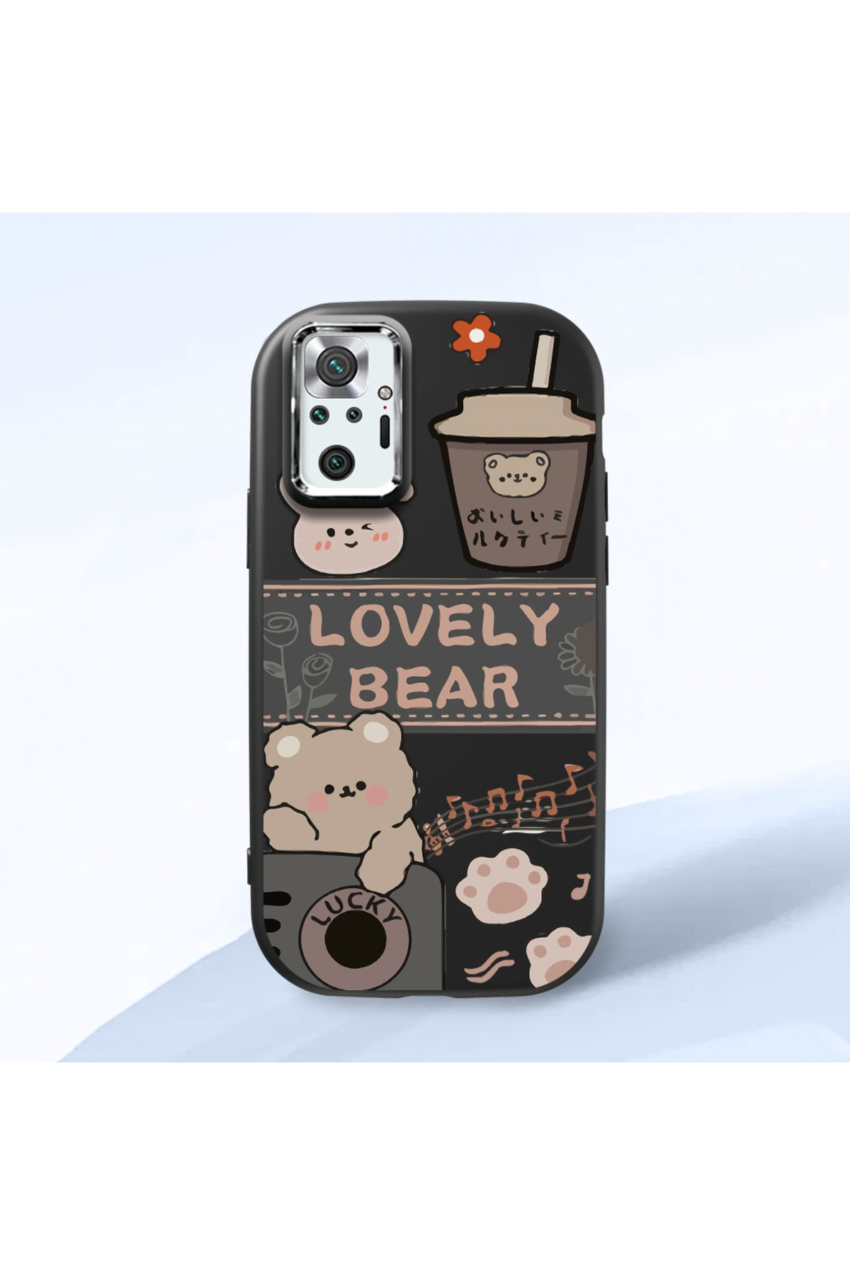 Redmi Note 10 Pro Compatible Black Soft Silicone Phone Case with Camera Protection Cute Bear Pattern