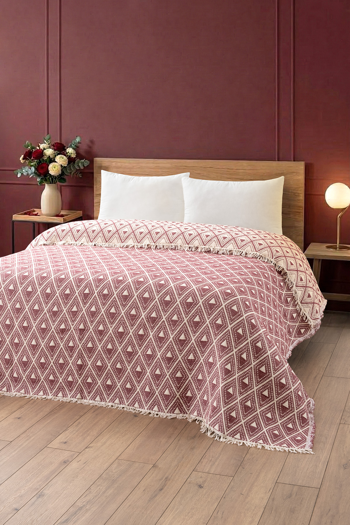 Pyramid Pattern Burgundy Muslin Single Quilt 180x220 cm - 100% Cotton Soft Bedspread