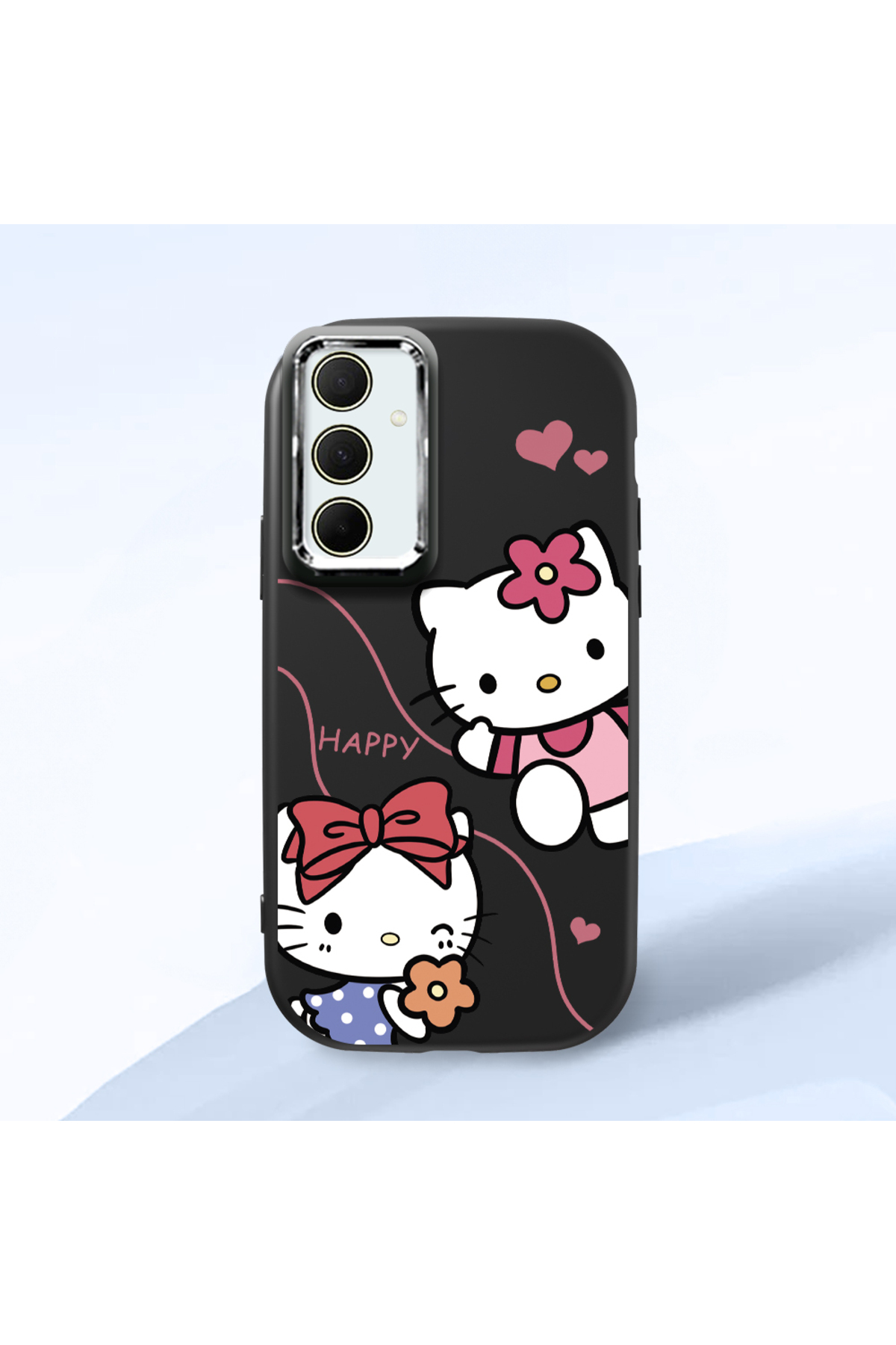 Black Soft Silicone Phone Case with Camera Protection for Samsung Galaxy A35 Hello Kitty Pattern