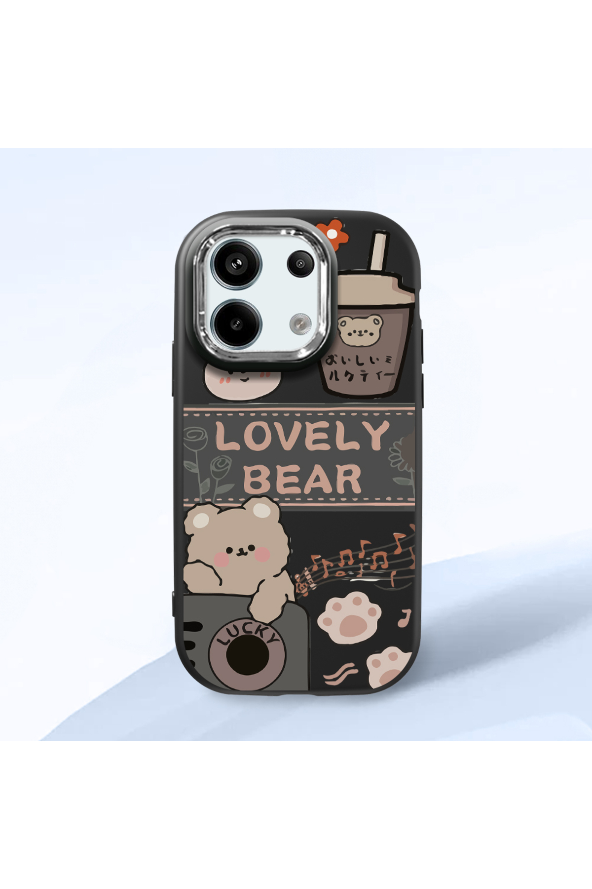 Redmi Note 13 Pro 5G Compatible Black Soft Silicone Phone Case with Camera Protection Cute Bear Pattern
