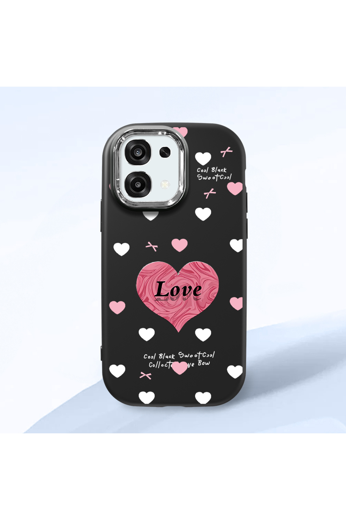 OPPO A6 Pro Compatible Black Soft Silicone Phone Case with Camera Protection Heart Pattern