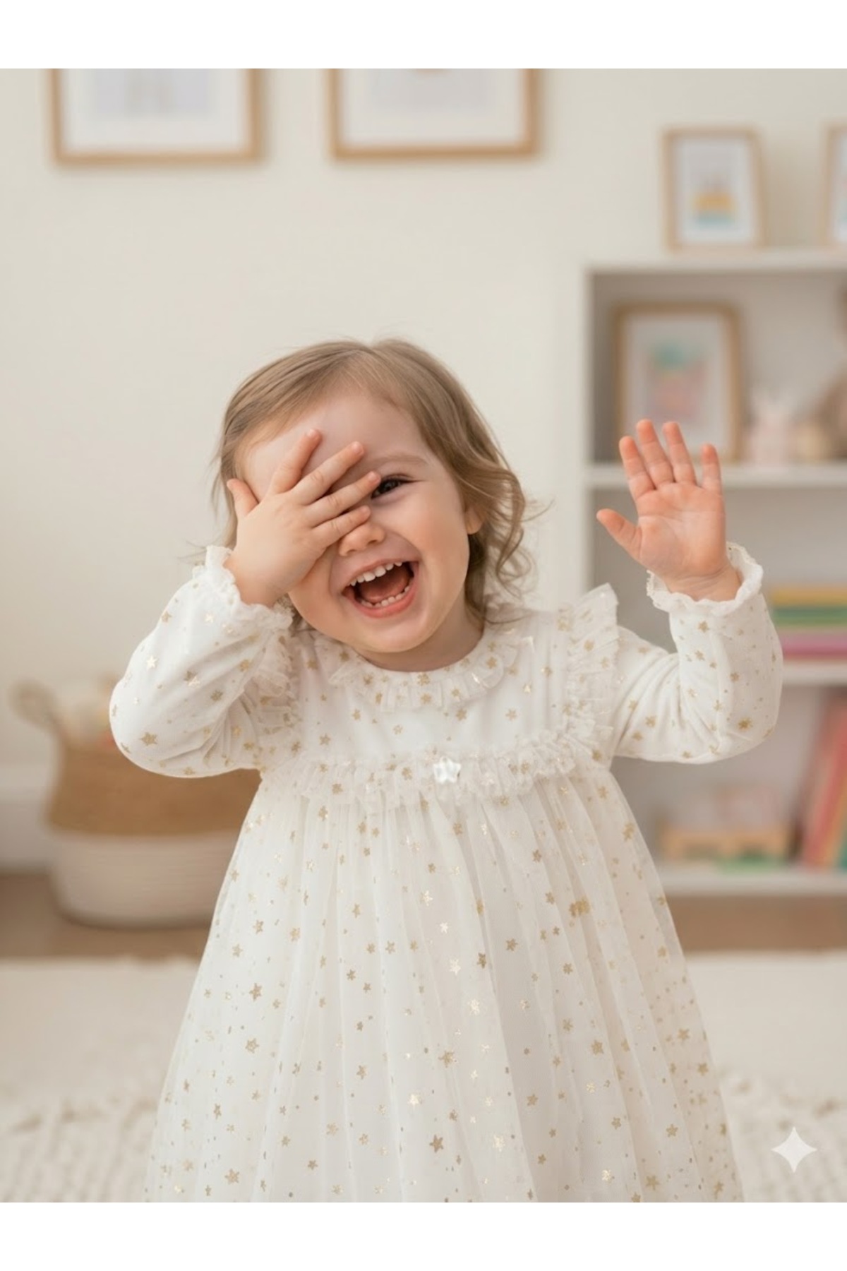 MİNİKİNCİBABY Yıldız Baskılı Fırfırlı Kız Bebek Doğum Günü ve Özel Gün Elbisesi - Beyaz fotoğrafı 2 (önizleme)