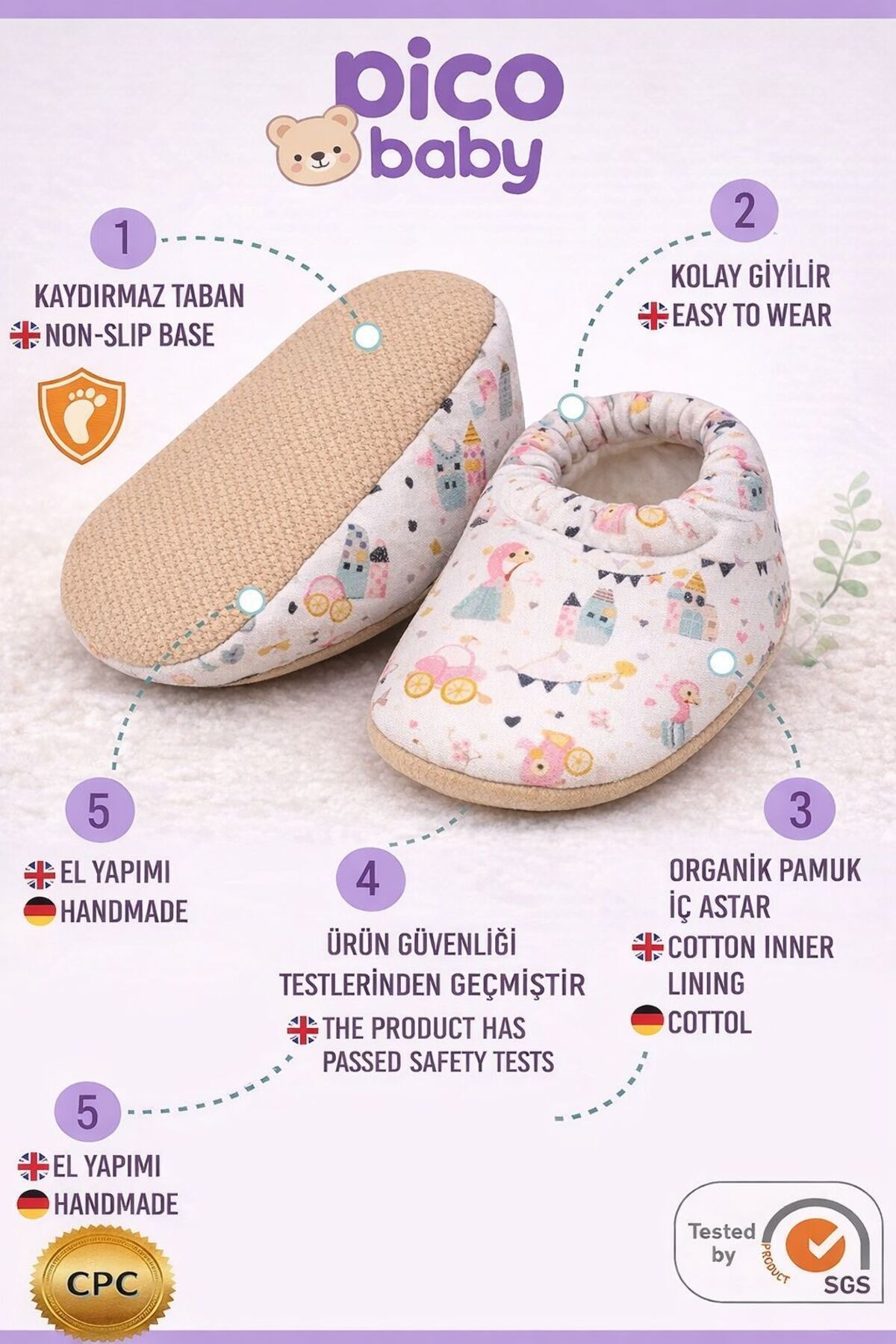 Pico Baby Kaydırmaz Tabanlı / Desenli Pamuklu Yazlık Bebek Patiği / Kreş Ayakkabısı /Esnek ve Yumuşak fotoğrafı 3 (önizleme)