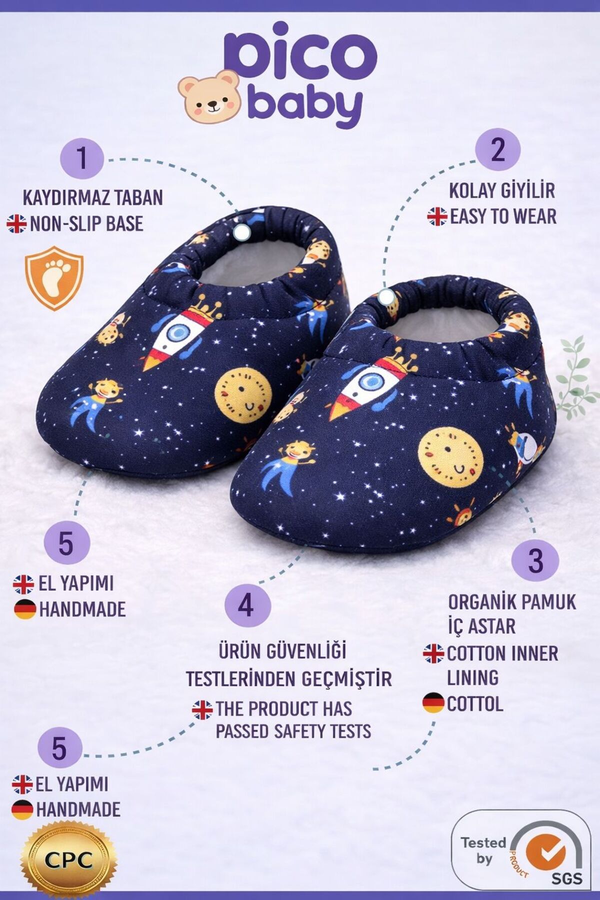 Pico Baby Kaydırmaz Tabanlı / Desenli Pamuklu Yazlık Bebek Patiği / Kreş Ayakkabısı /Esnek ve Yumuşak fotoğrafı 3 (önizleme)