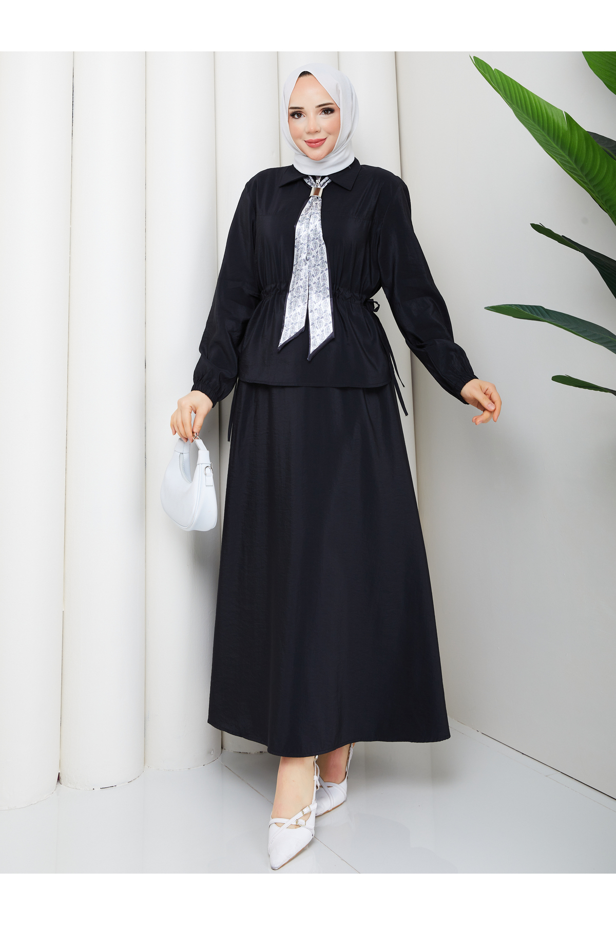 Zippered Lashing Detailed Shirt & Skirt Scarf Hijab Set RC9032