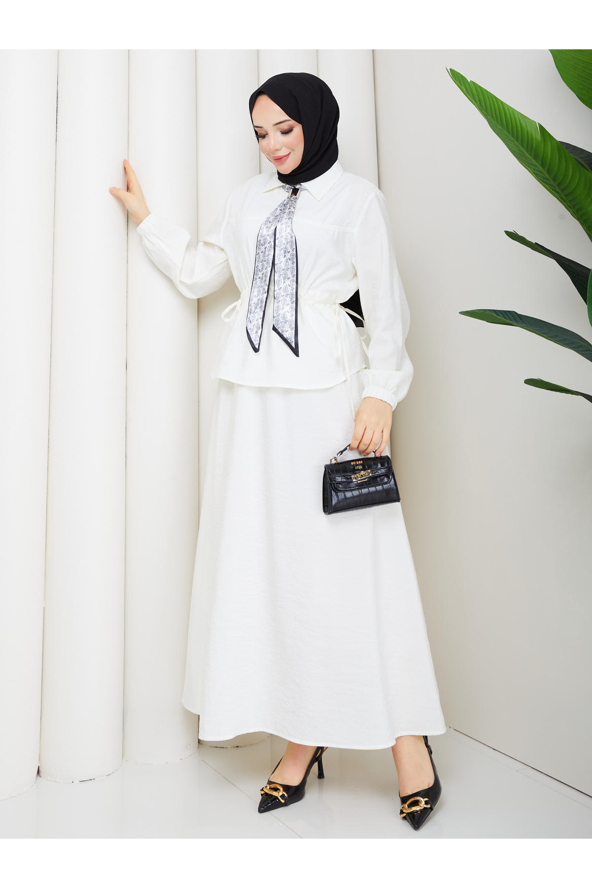 Zippered Lashing Detailed Shirt & Skirt Scarf Hijab Set RC9032