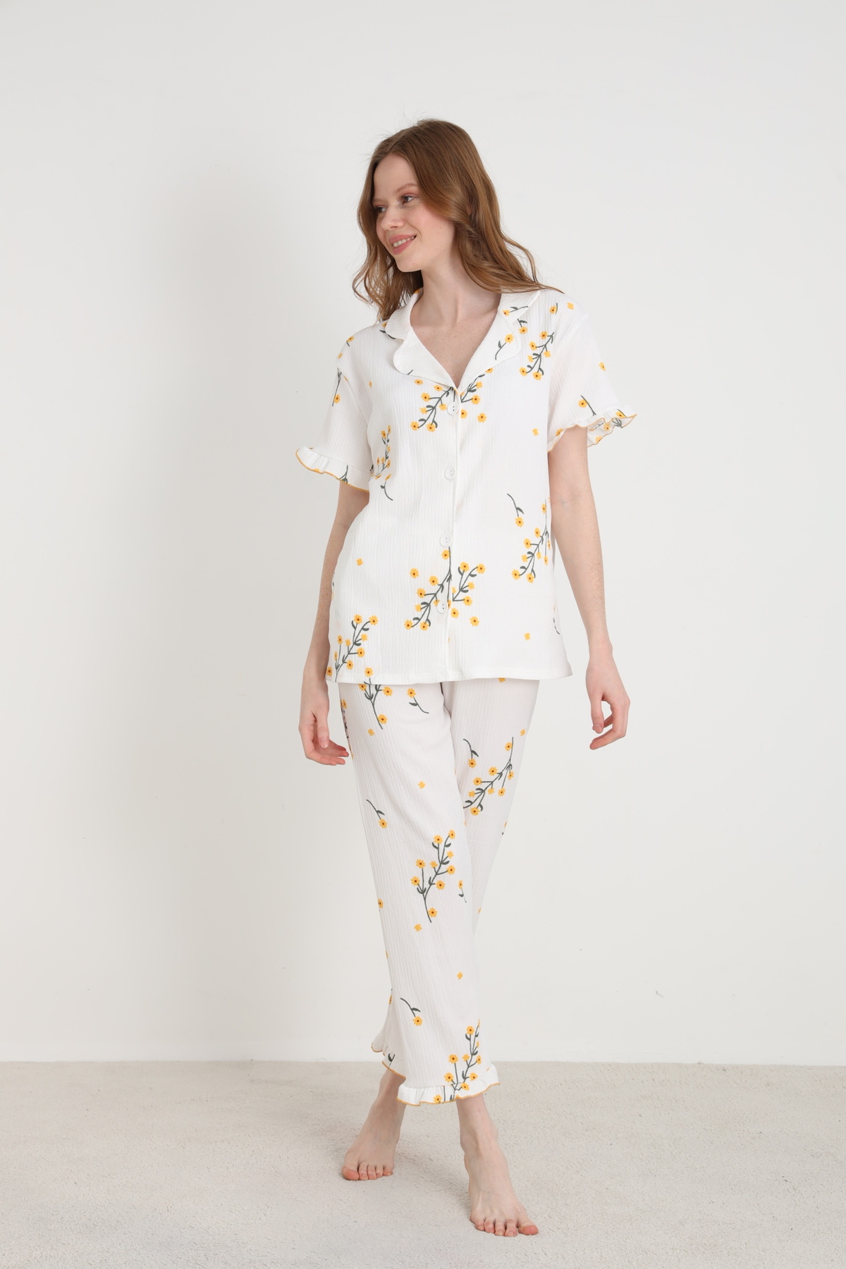ELİTOL  Bürümcük Örme Kısa Kol Kadın Düğmeli Pijama Takımı - Görsel 4