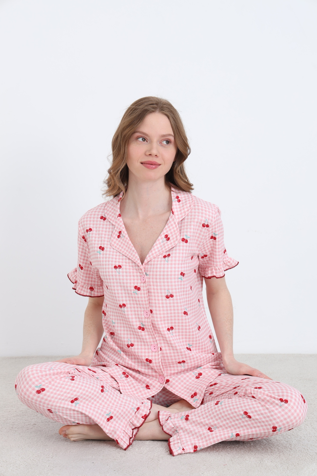 ELİTOL  Bürümcük Örme Kısa Kol Kadın Düğmeli Pijama Takımı - Görsel 3