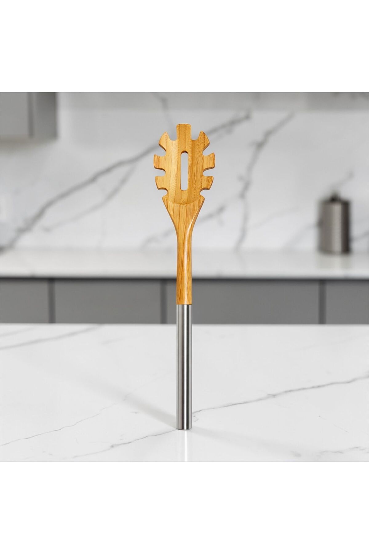 Metal Saplı Bambu Derin Spatula Doğal Bambu Mutfak Spatulası