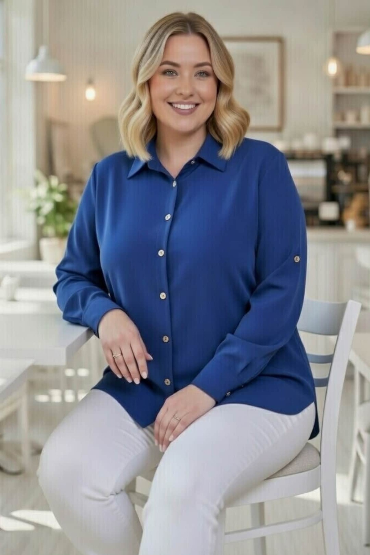 tarzımsüper  Kadın Büyük Beden Aerobin Kumaş Düğme Detaylı Oversize Gömlek - Görsel 3