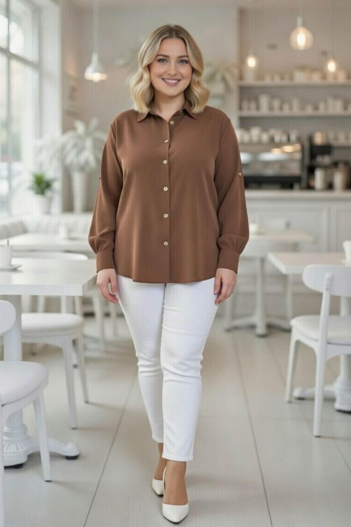 tarzımsüper  Kadın Büyük Beden Aerobin Kumaş Düğme Detaylı Oversize Gömlek - Görsel 7