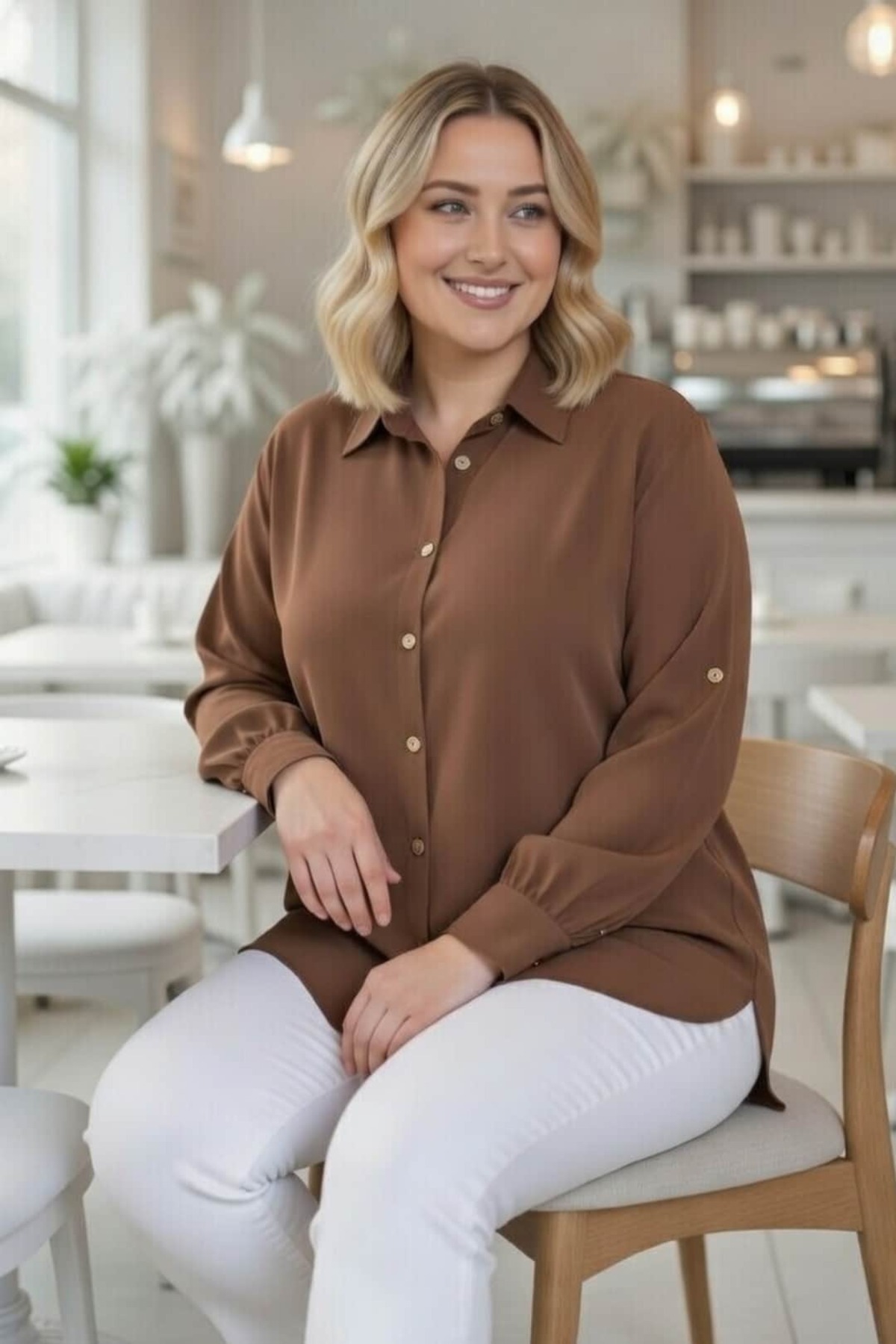 tarzımsüper  Kadın Büyük Beden Aerobin Kumaş Düğme Detaylı Oversize Gömlek - Görsel 6