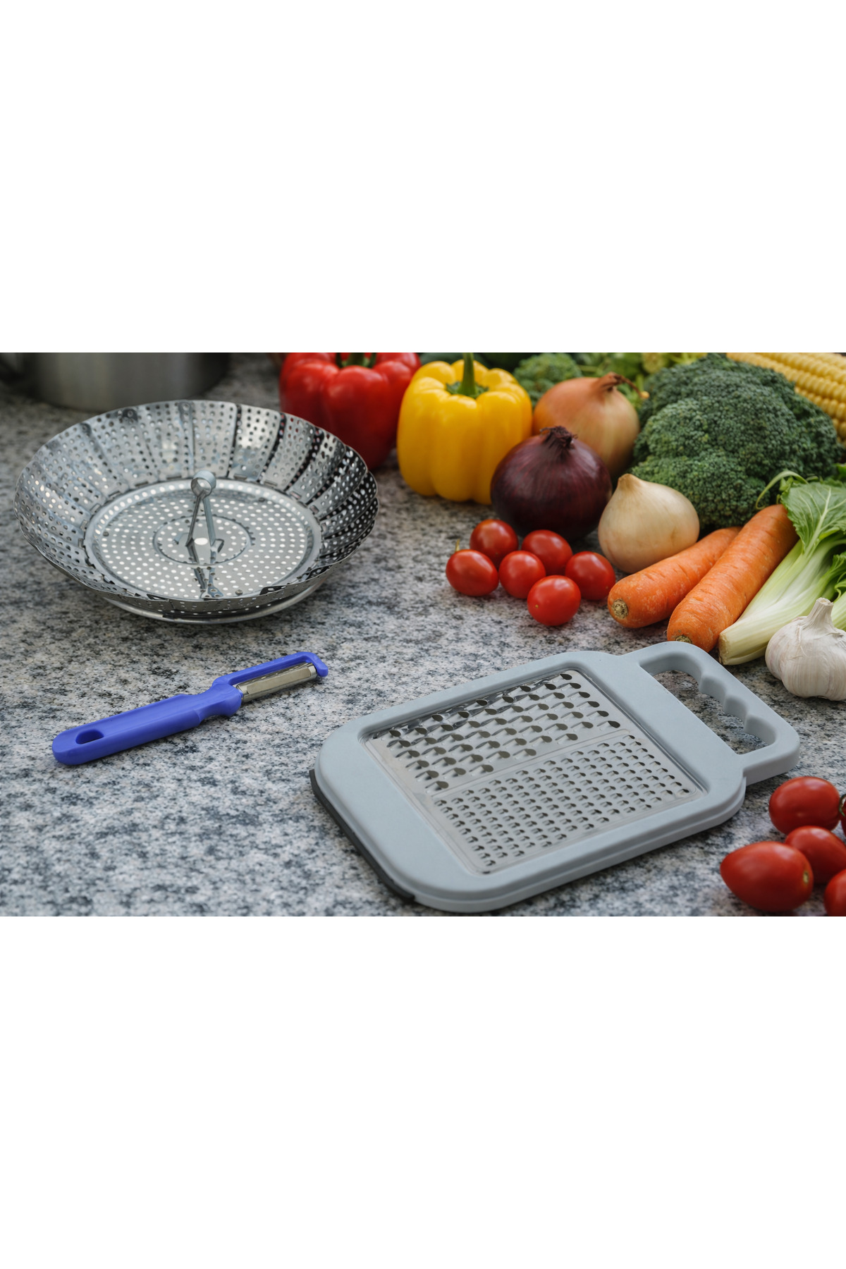 LUDIA Katlanabilir Paslanmaz Çelik Buharlı Pişirici,Geniş Yüzeyli Rende ve Ergonomik Soyacak Seti fotoğrafı 2 (önizleme)