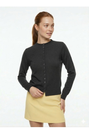 Qoolest Kadın Acı Kahve Slim Fit Dar Kesim Düğmeli Bisiklet Yaka Triko Hırka