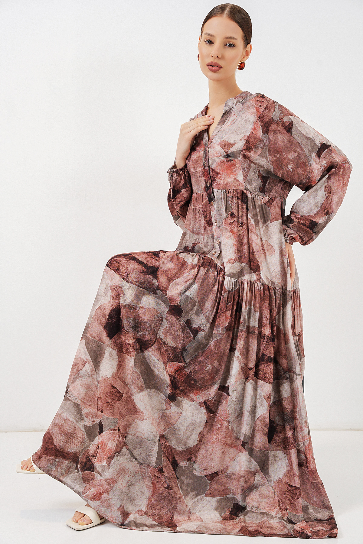 Bigdart  Kadın Desenli Uzun Tesettür Elbise 2585 - D.Gül Kurusu - Görsel 3