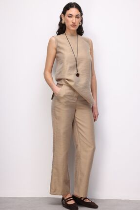 Mizalle Geniş Paça Bej Rengi Basic pantolon