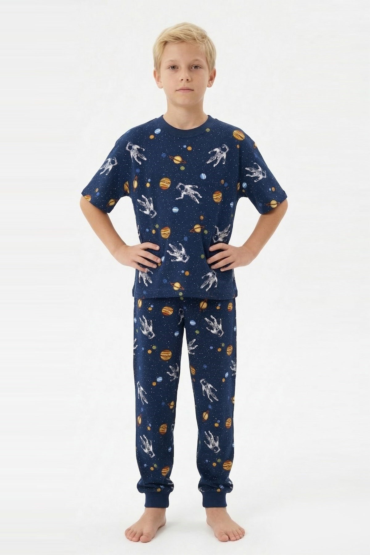 bunny hopp Erkek Çocuk %100 Pamuk Uzay ve Astronot Desenli Pijama Takımı - Kısa Kollu Manşetli Lacivert fotoğrafı 6 (önizleme)