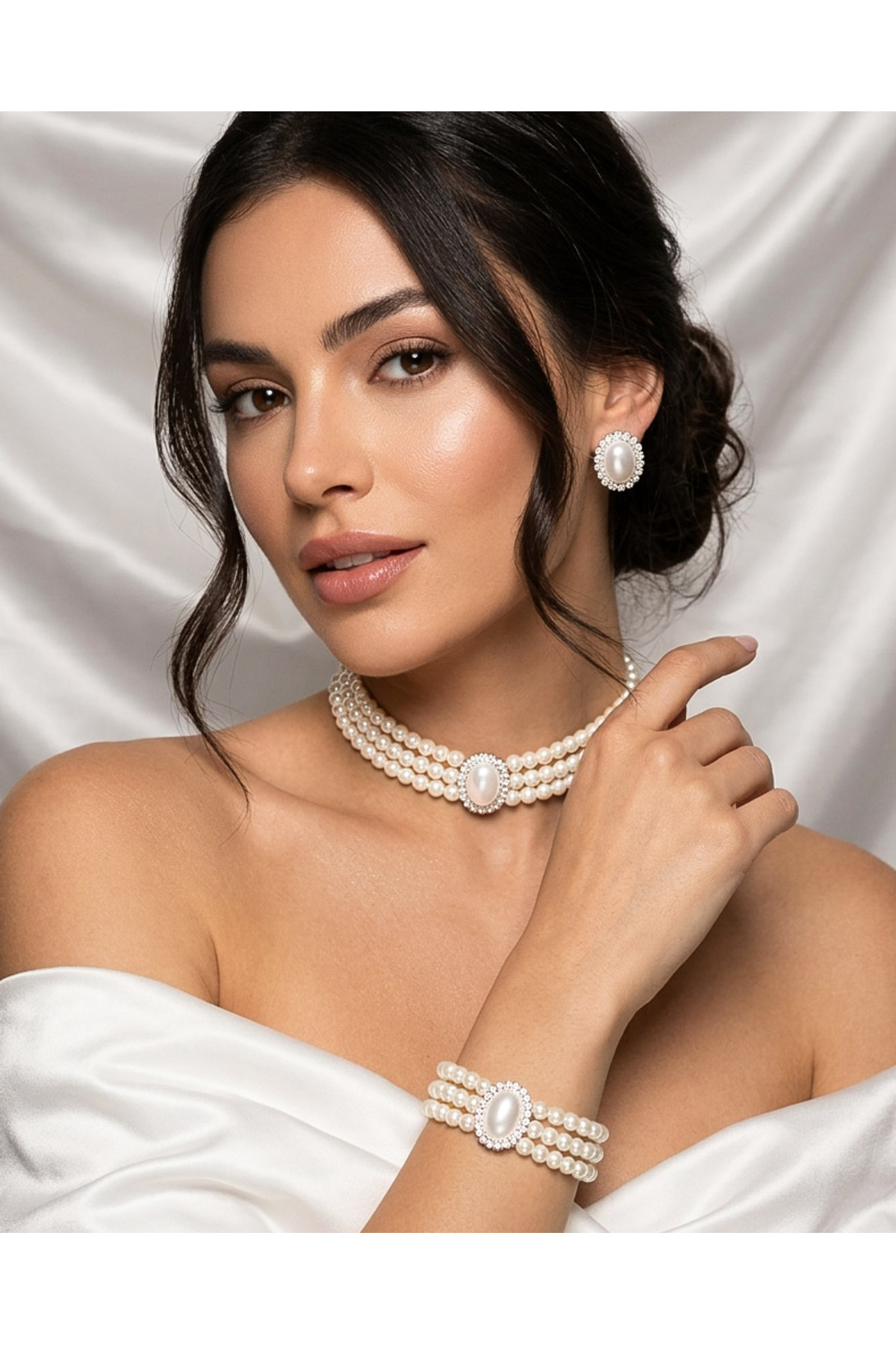 Glass Pearl oval gem silver plated pearl leash choker necklace design necklace stylish necklace earring bracelet set