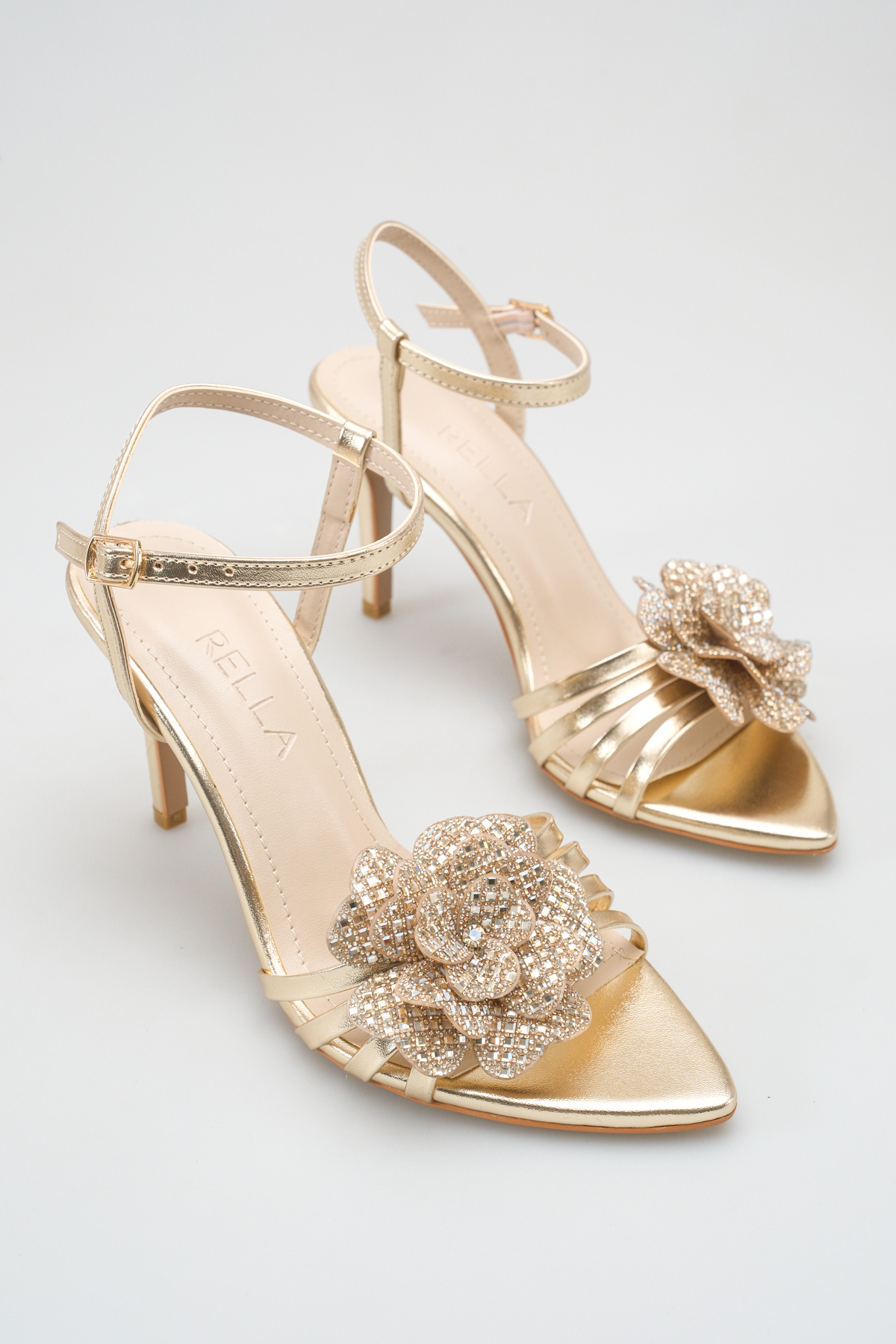 Women's Thin Heeled Evening Sandals with Gold Gemstone Flower Detail Ankle Tie