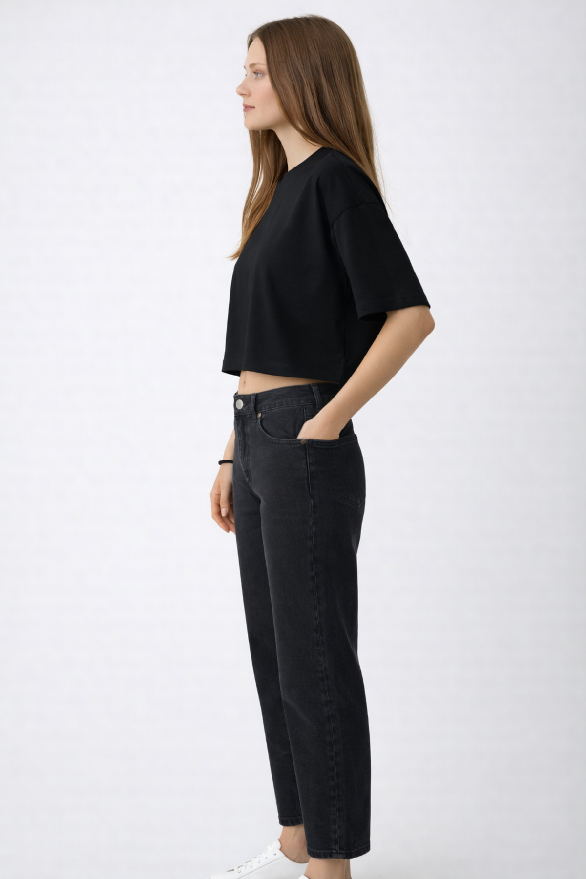 FLAMOVA  KADIN CROP T-Shirt OVERSİZE KALIP %100 PAMUK YUVARLAK YAKA T-Shirt - Görsel 3