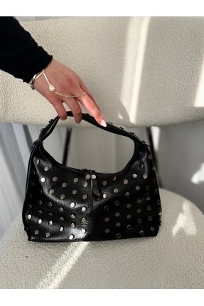 EVVA BAGS Zımba Detaylı Fermuarlı Siyah El ve Omuz Çantası