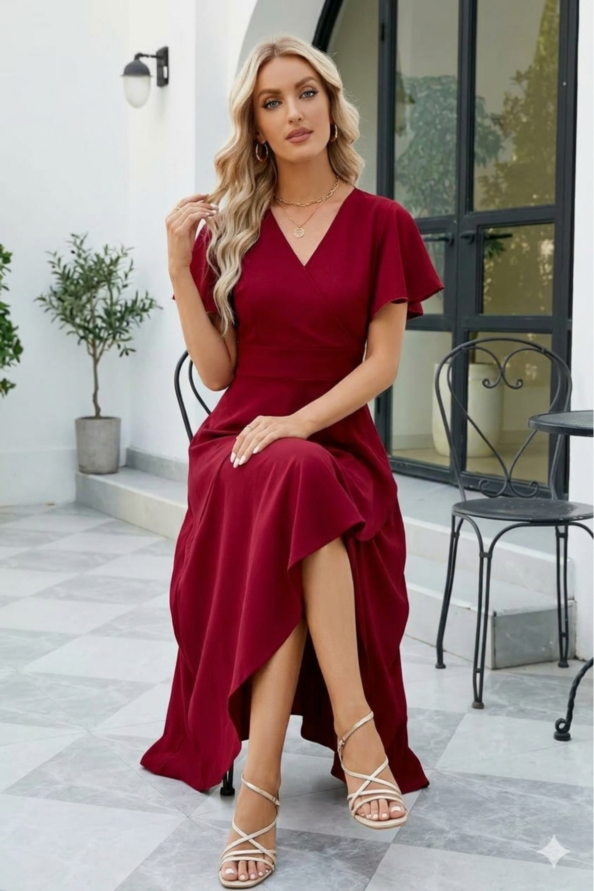 New Season Women Short Sleeve Wrap Collar Front Asymmetrical Flywheel Long Imported Crepe Stylish Dress
