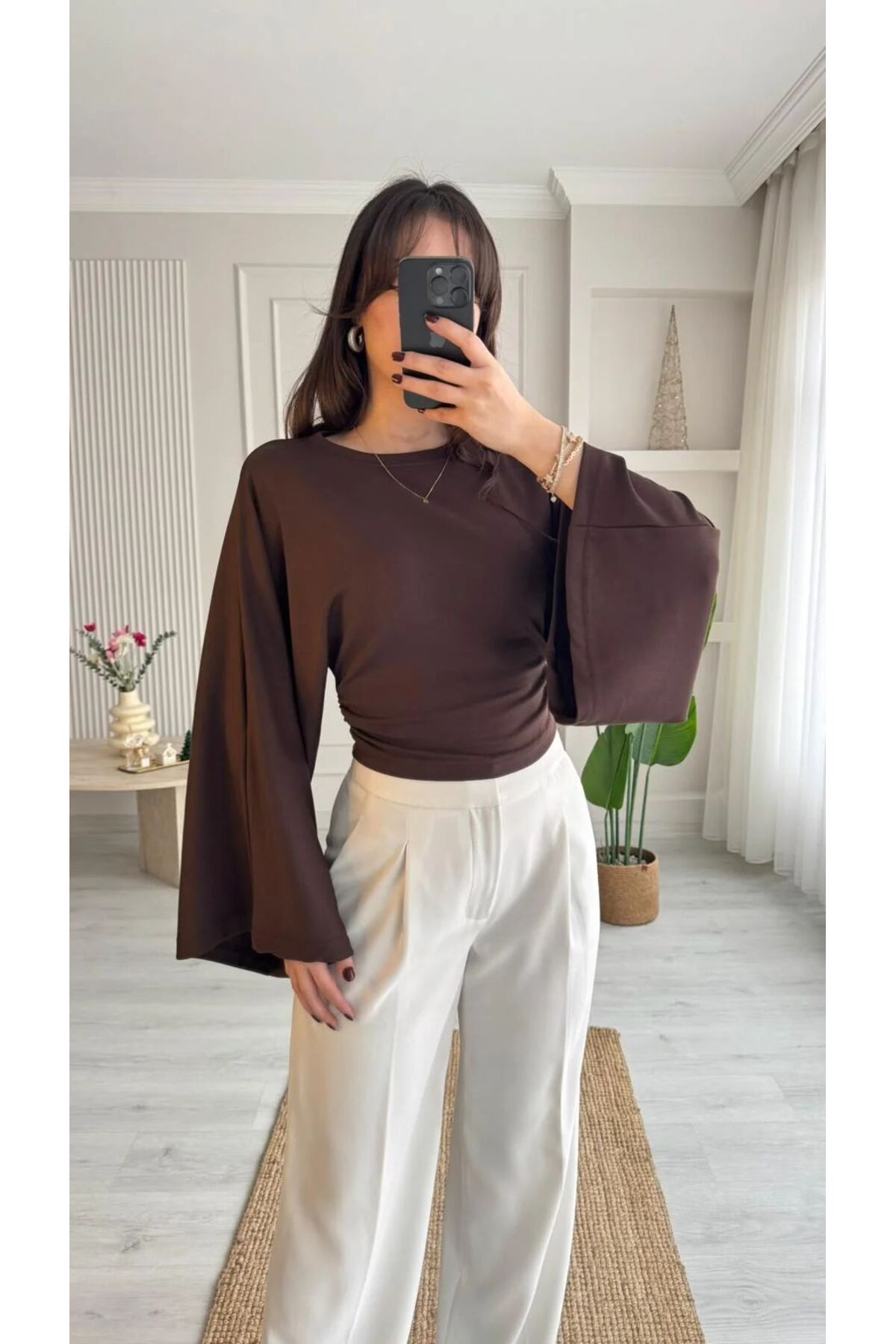 vipelmoda  Kadın Bisiklet Yaka Belden Oturtmalı Geniş Kollu Bluz - Görsel 2