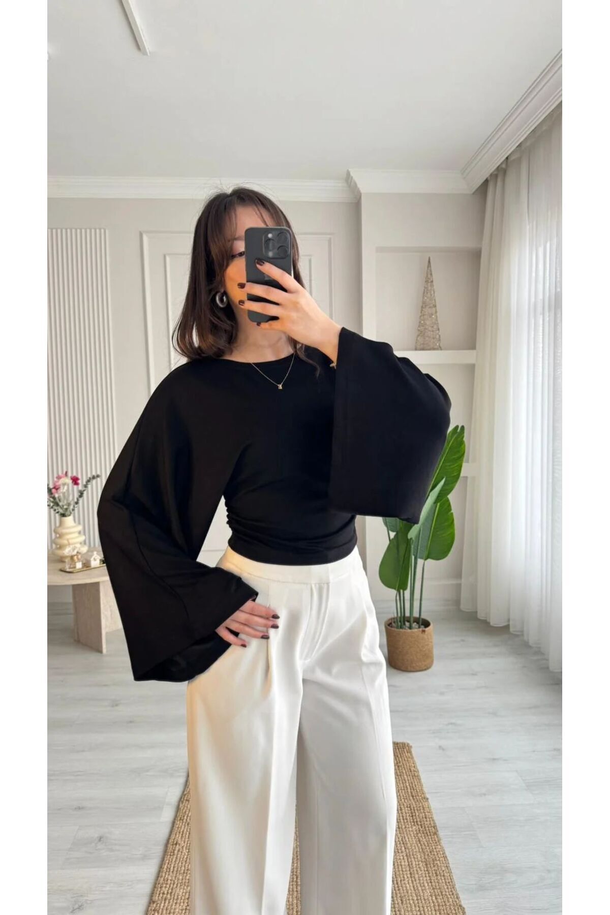 vipelmoda Bisiklet Yaka Belden Oturtmalı Geniş Kollu Bluz görsel 4