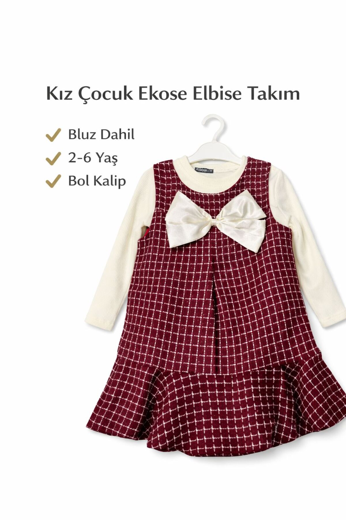 Kuzucuk Kids Bebek Çocuk Butik Kız Çocuk Bayramlık Bordo Tüvit Jile Elbise Bluz Takım Bol kalıp fotoğrafı 4 (önizleme)