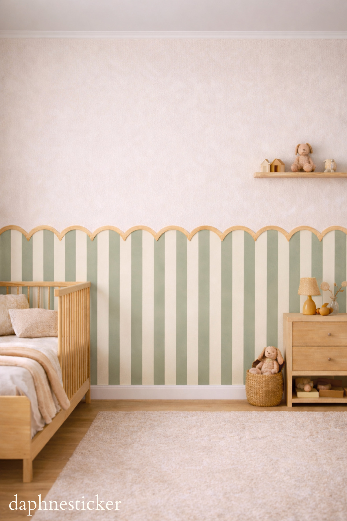 Green Striped Wall Sticker + Self Adhesive Wooden Border | Baby & Kids Room Wall Decor