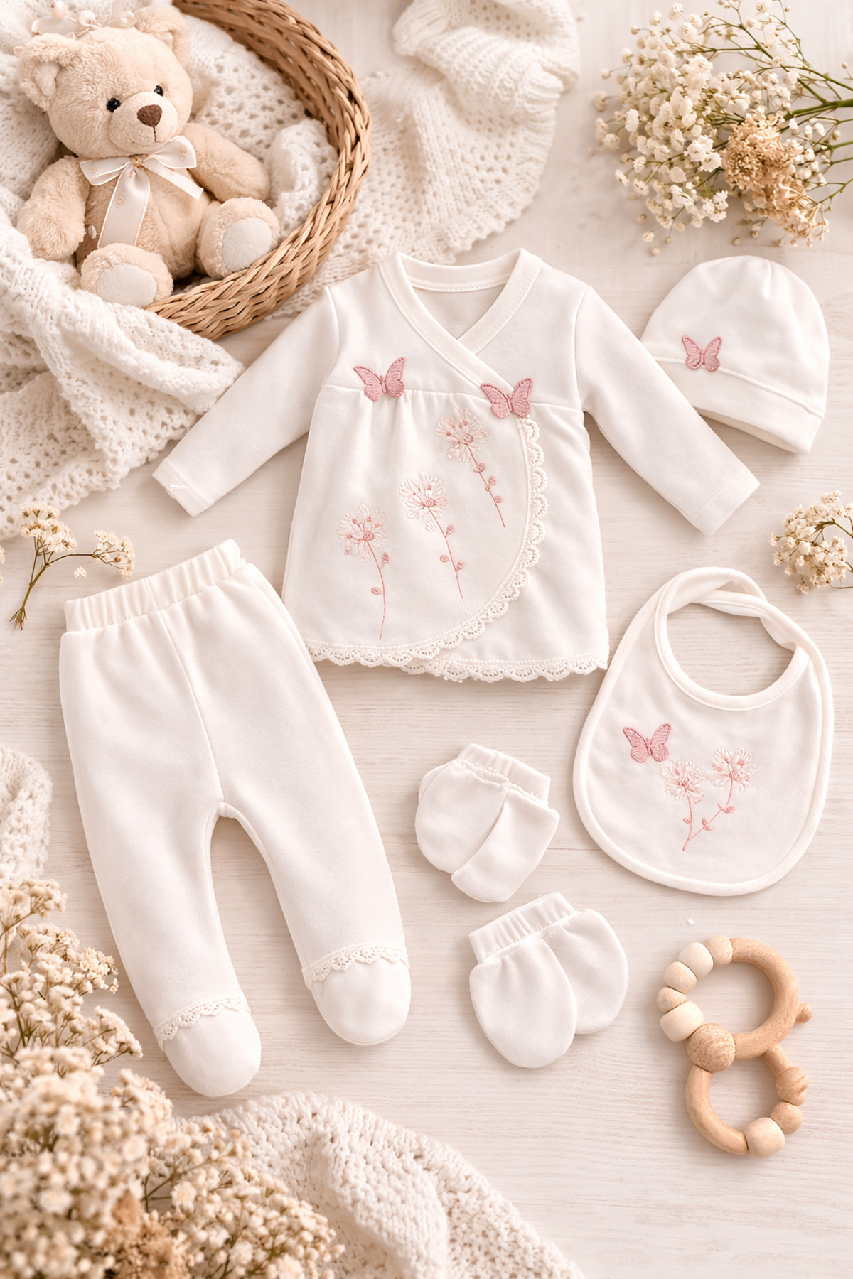 Arin Baby 5 Lİ KELEBEK DETAYLI YENİ DOĞAN KIZ BEBEK HASTANE ÇIKIŞ SETİ/KIZ BEBEK ZIBIN SET fotoğrafı 2 (önizleme)