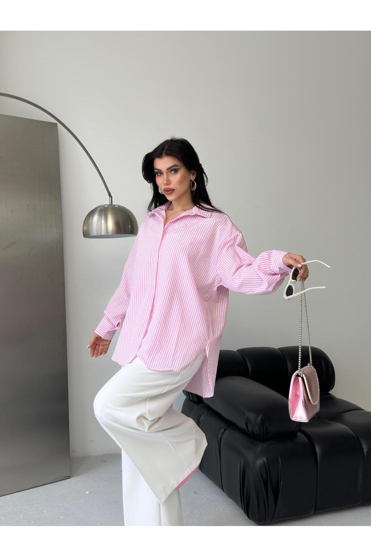 Captival  Kadın Pembe Beyaz Çizgili Oversize Gömlek Uzun Kollu Salaş Poplin Gömlek - Görsel 2