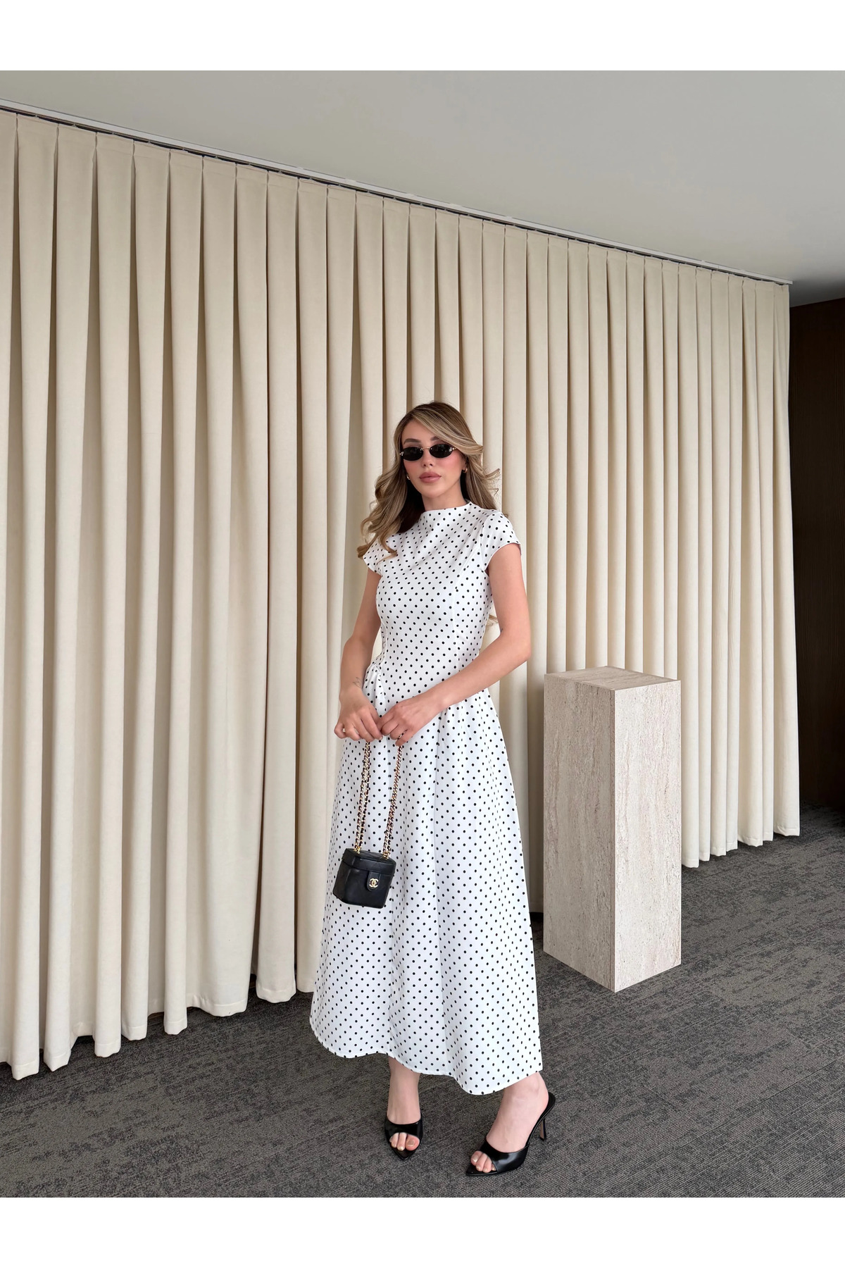 Laluvia  Beyaz Puantiyeli Uzun Elbise - 5092