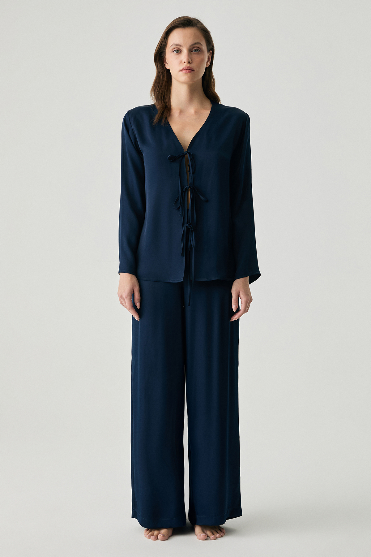 Penye Mood Viscose Satin Textured Pajama Set with Tie-Up Details