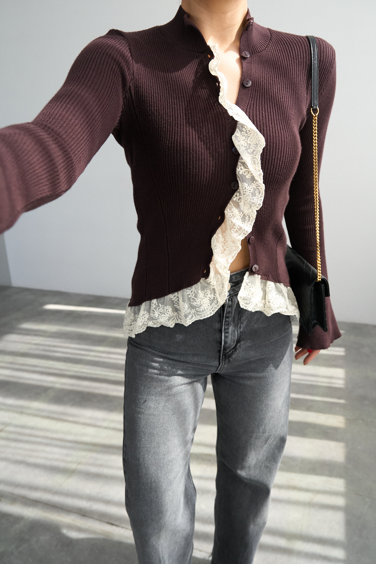 Lace Detailed Spanish Sleeve High Neck Buttoned Knit Design Cardigan