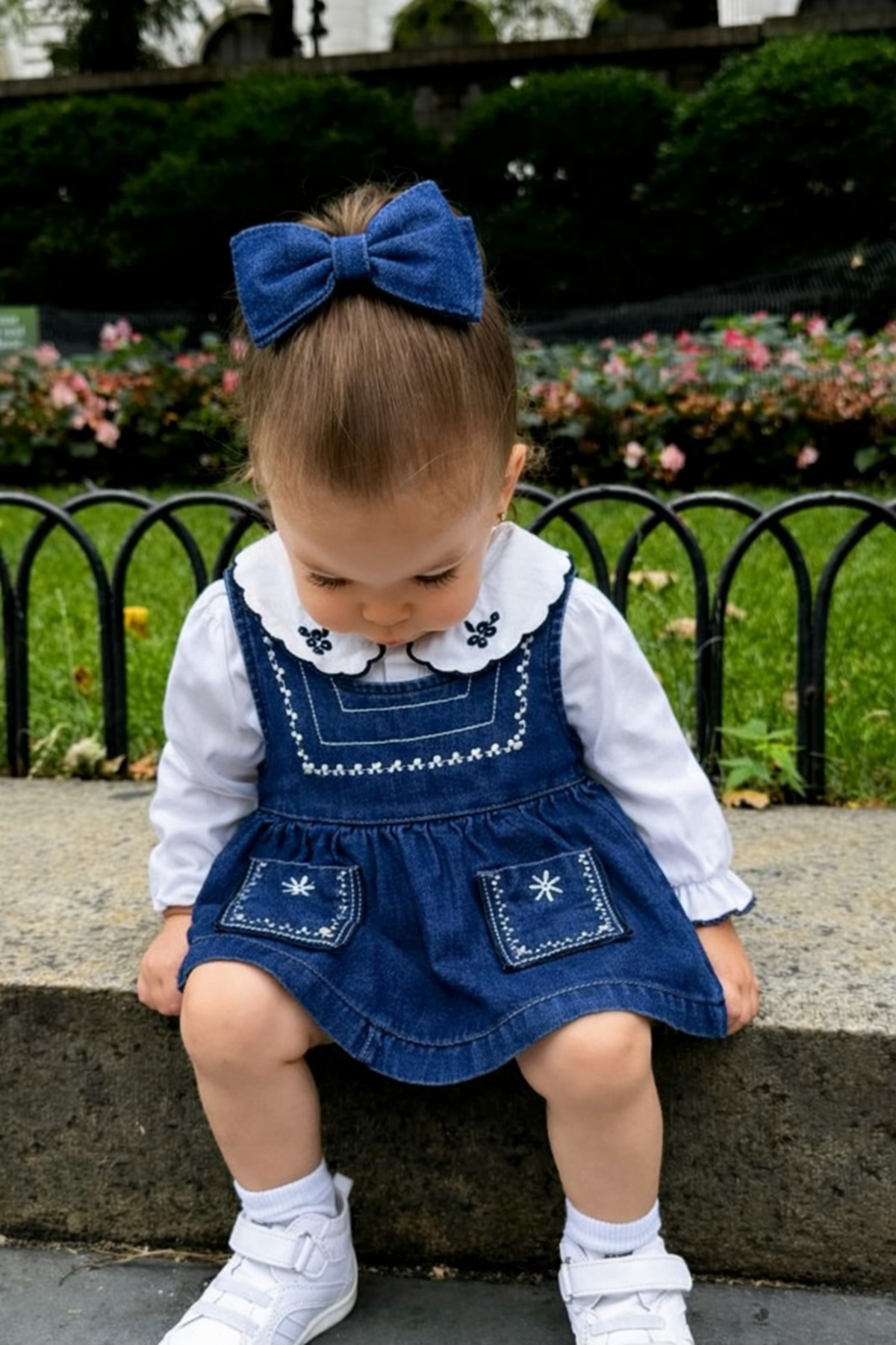 ALAMODECOR %100 Pamuk Kız Bebek Yakası İşlemeli Gömlekli Kot Jean Elbise Bayramlık fotoğrafı 2 (önizleme)