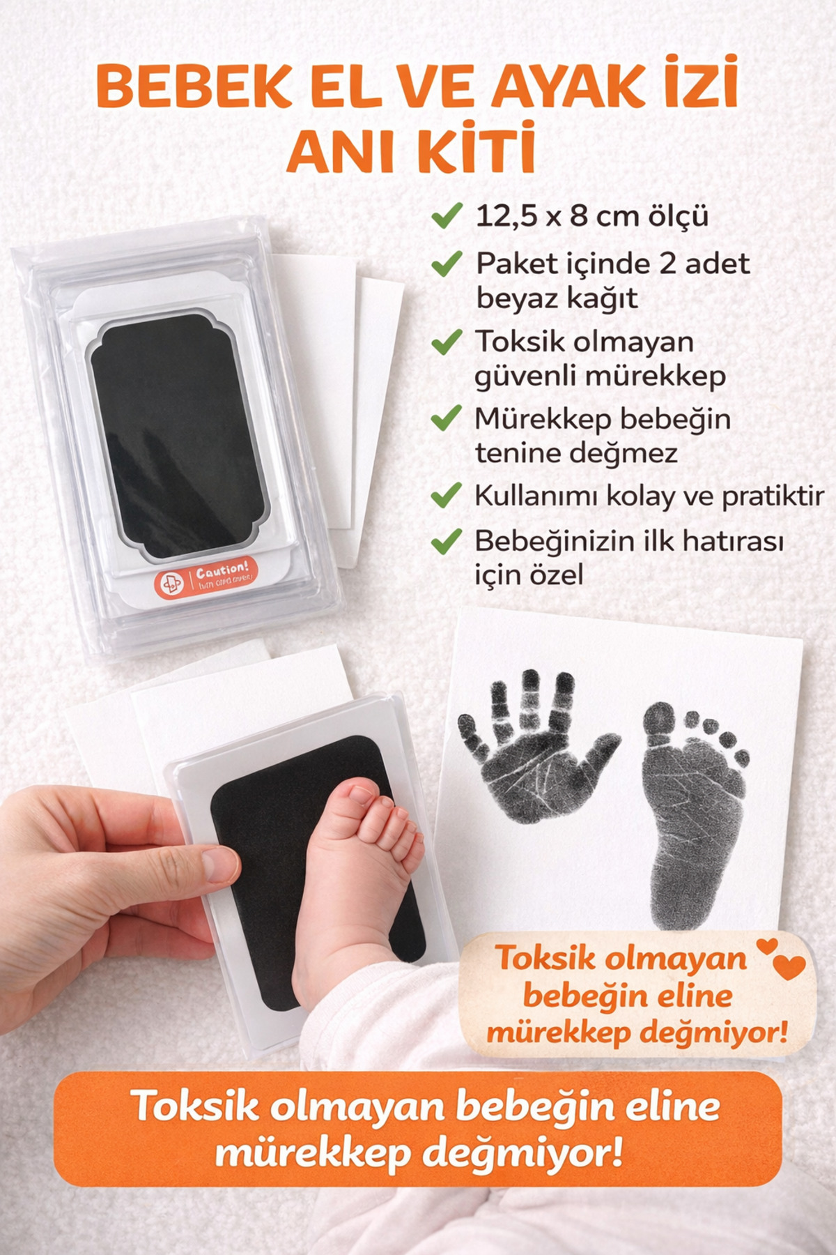 CAUTION Bebek El Ayak İzi Anı Kiti-Temassız Mürekkep Pedli
