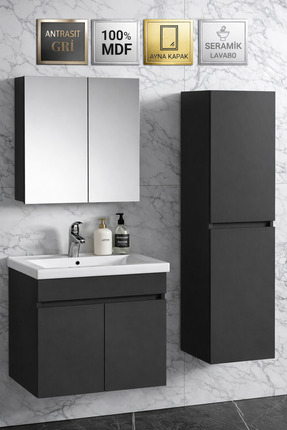 Multi Series 65 cm + 35 cm Antrasit Gri Mat Asma Banyo Dolabı Takımı - Serami...
