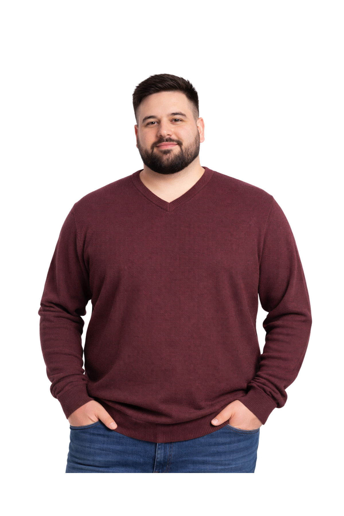 BattalModa Erkek Büyük Beden Bordo V Yaka Triko Kazak 3XL-4XL-5XL-6XL