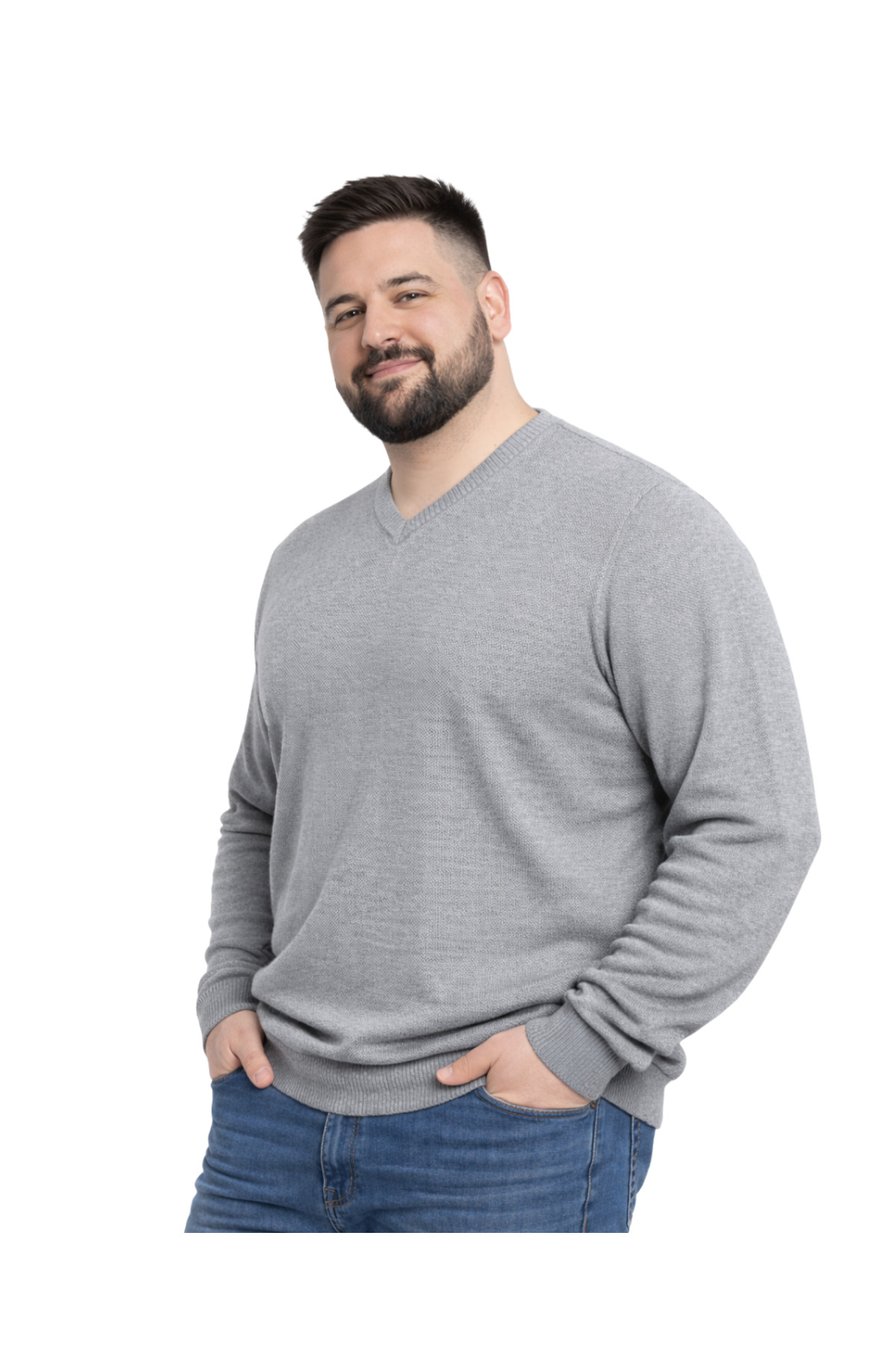 BattalModa Erkek Büyük Beden Gri V Yaka Triko Kazak 3XL-4XL-5XL-6XL görsel 2
