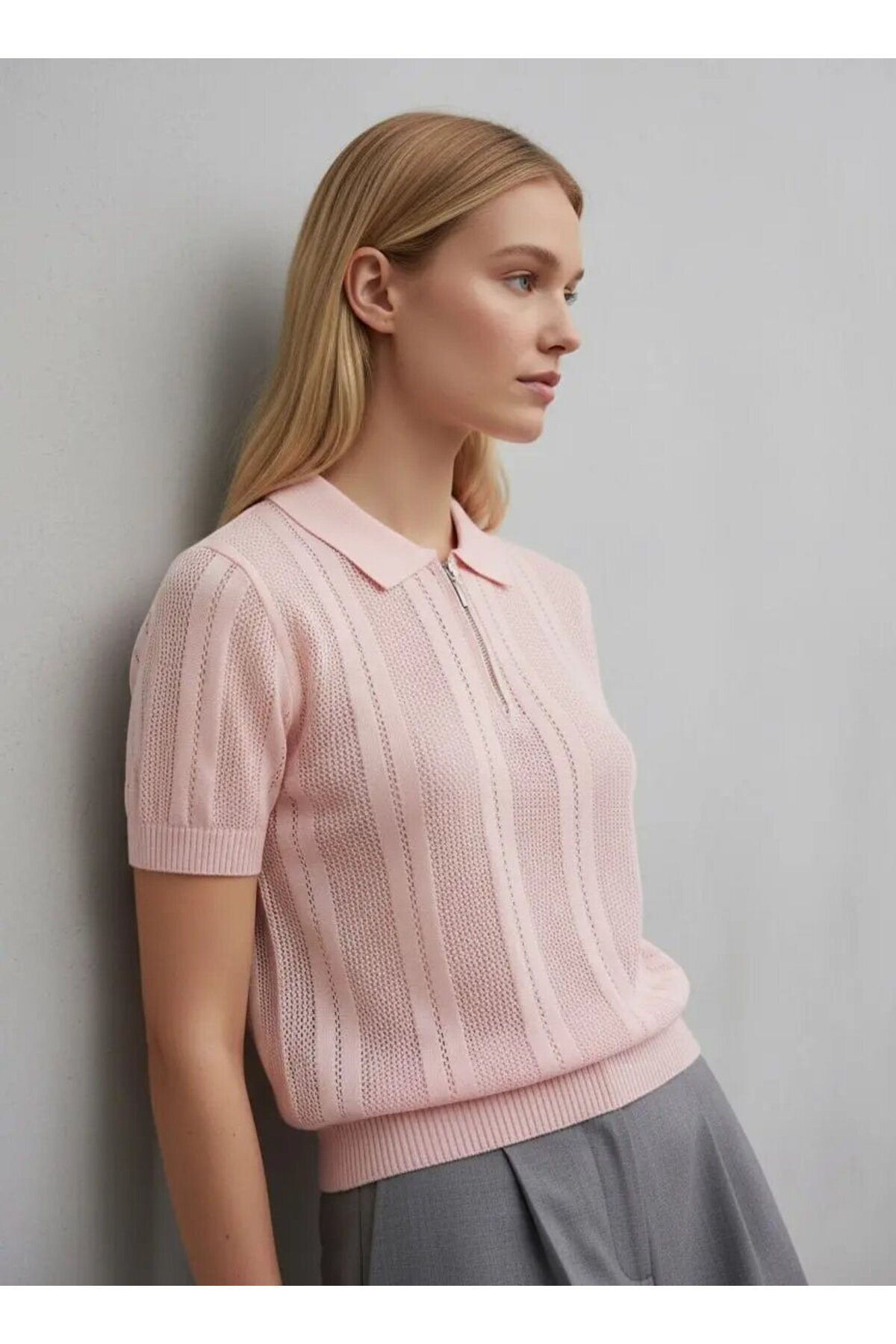 Park Karon  Kadın Polo Yaka Fermuarlı Örgü Detay Triko Kazak 12471 - Görsel 3