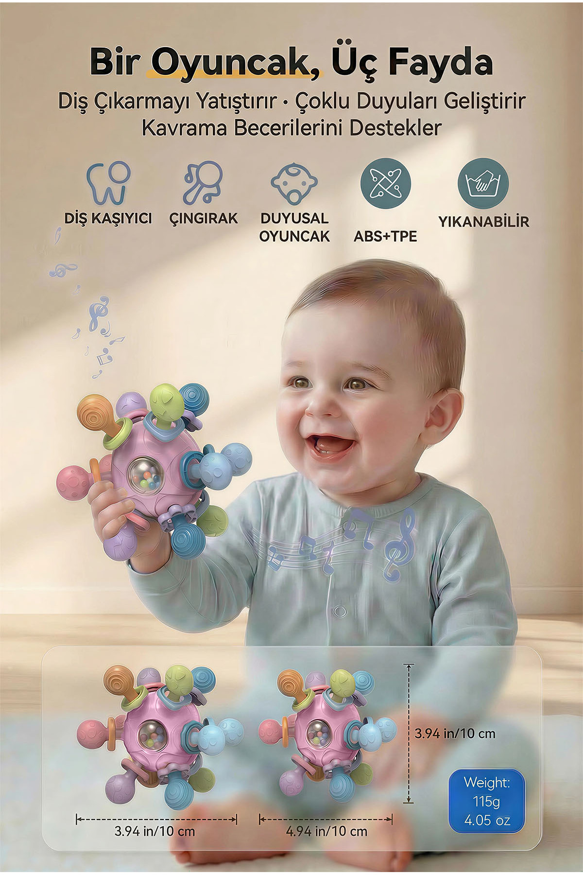 BBSKY Montessori Duyusal Diş Kaşıyıcı Top Eğitici Bebek Oyuncağı Çıngıraklı Güvenli ABS TPE Malzeme fotoğrafı 2 (önizleme)