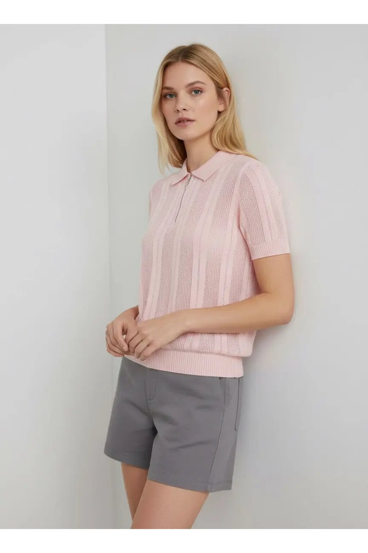 Park Karon  Kadın Polo Yaka Fermuarlı Örgü Detay Triko Kazak 12471 - Görsel 2