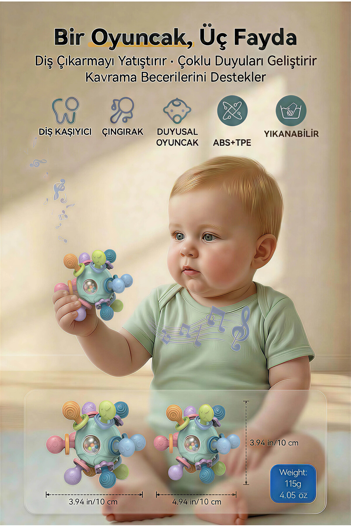 BBSKY Montessori Duyusal Diş Kaşıyıcı Top Eğitici Bebek Oyuncağı Çıngıraklı Güvenli ABS TPE Malzeme fotoğrafı 2 (önizleme)